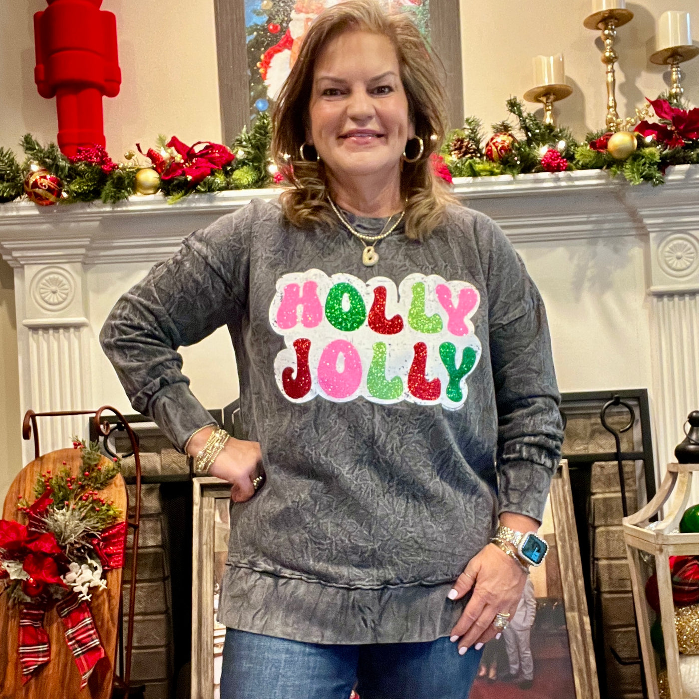 Holly Jolly in Glitter on Black Mineral Wash Sweatshirt