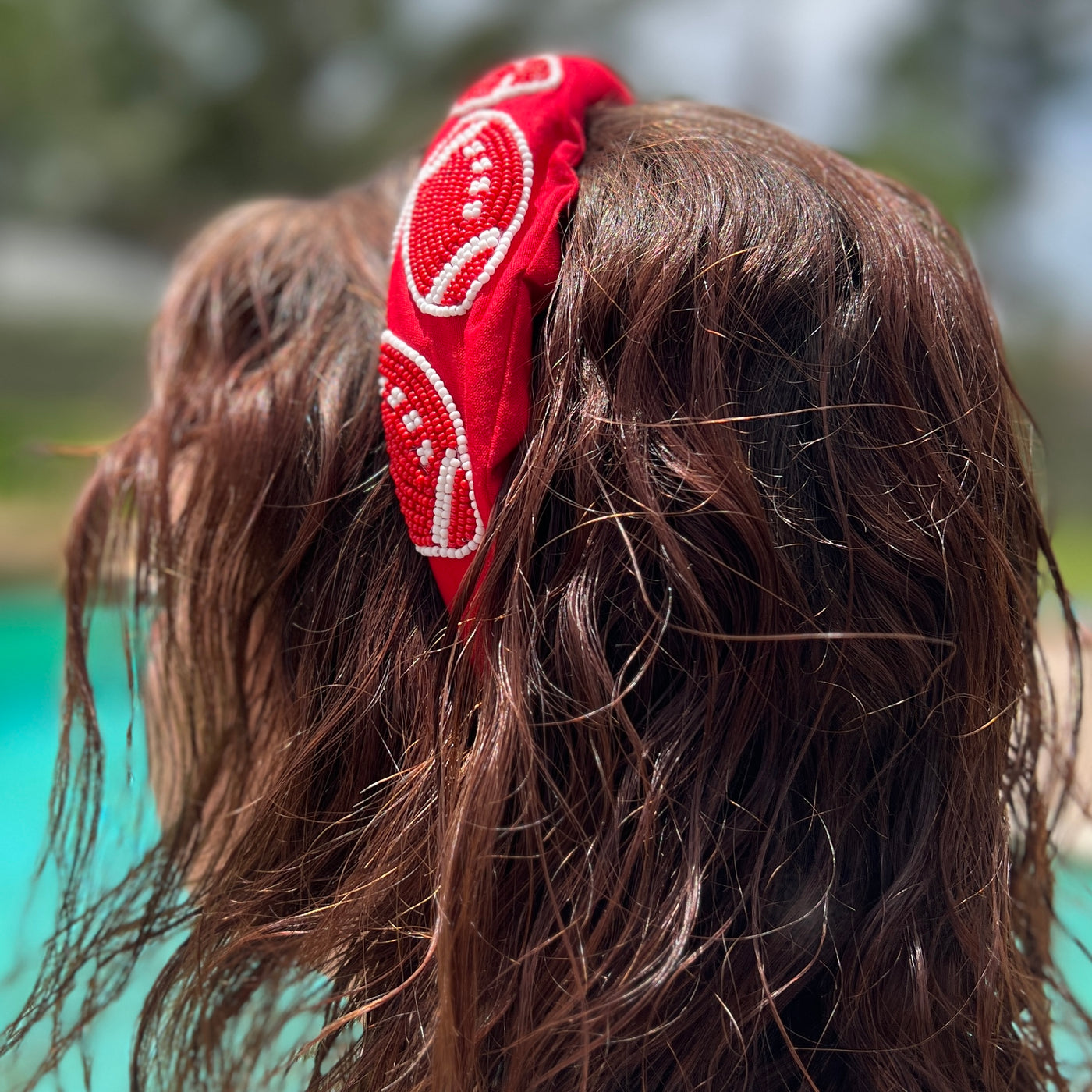 Red Headband with Beaded Footballs