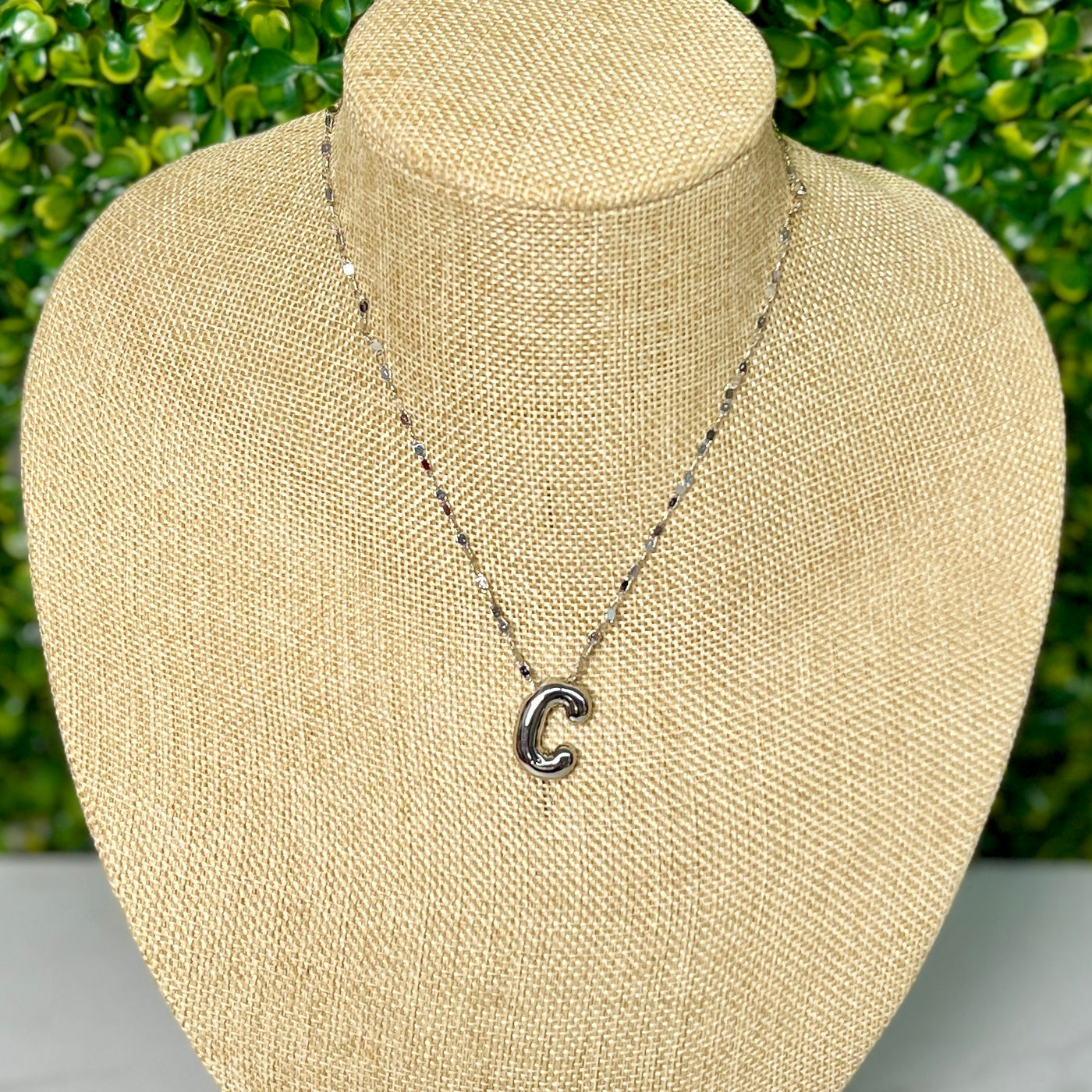 Silvertone Puff inital Necklace