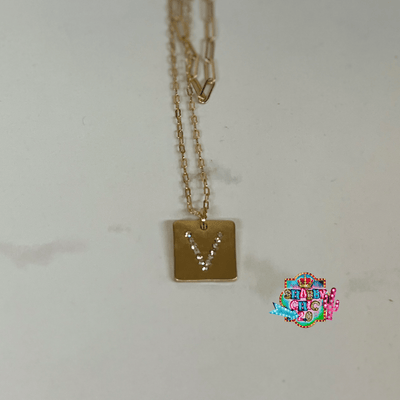 Gold and Rhinestone Initial Necklace Shabby Chic Boutique and Tanning Salon V