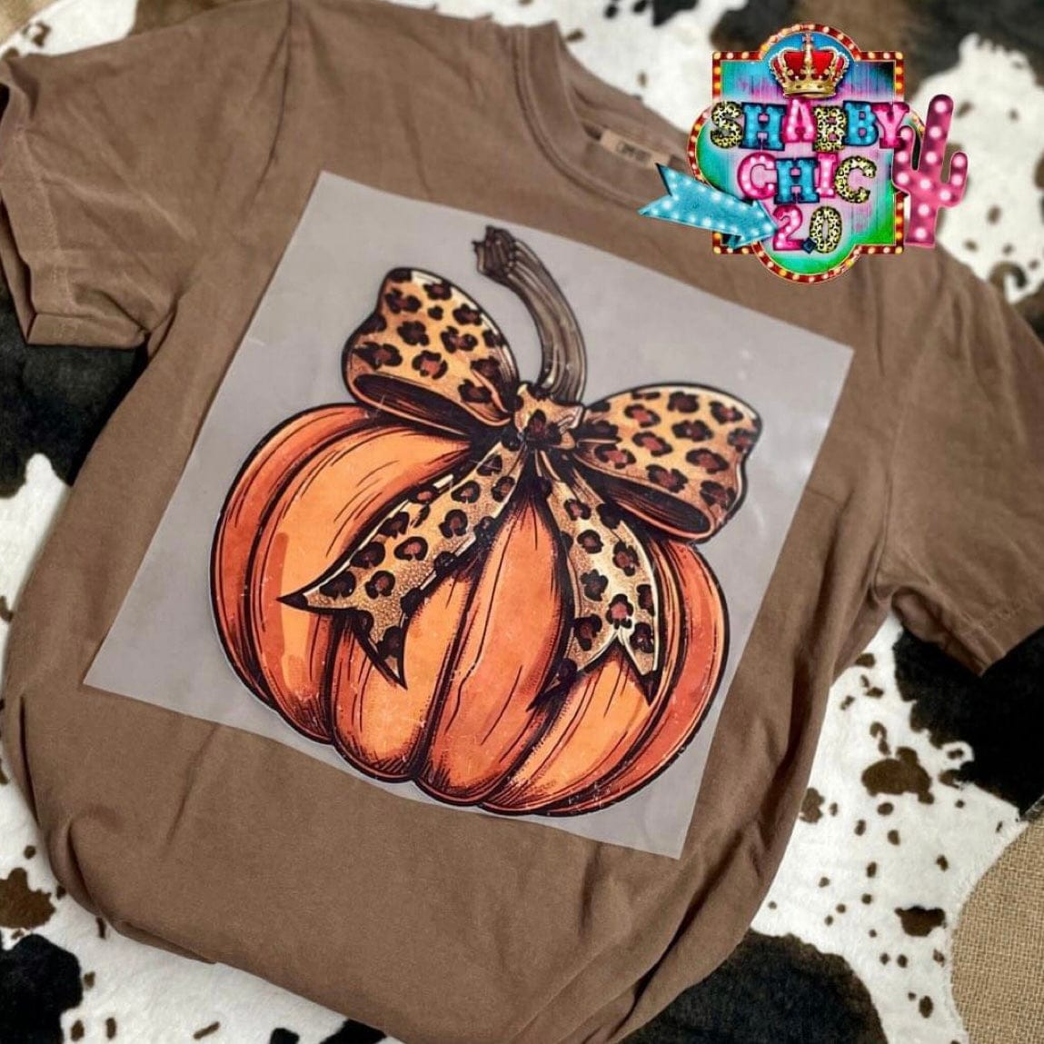 Pumpkin with Leopard Bow Tee Shabby Chic Boutique and Tanning Salon