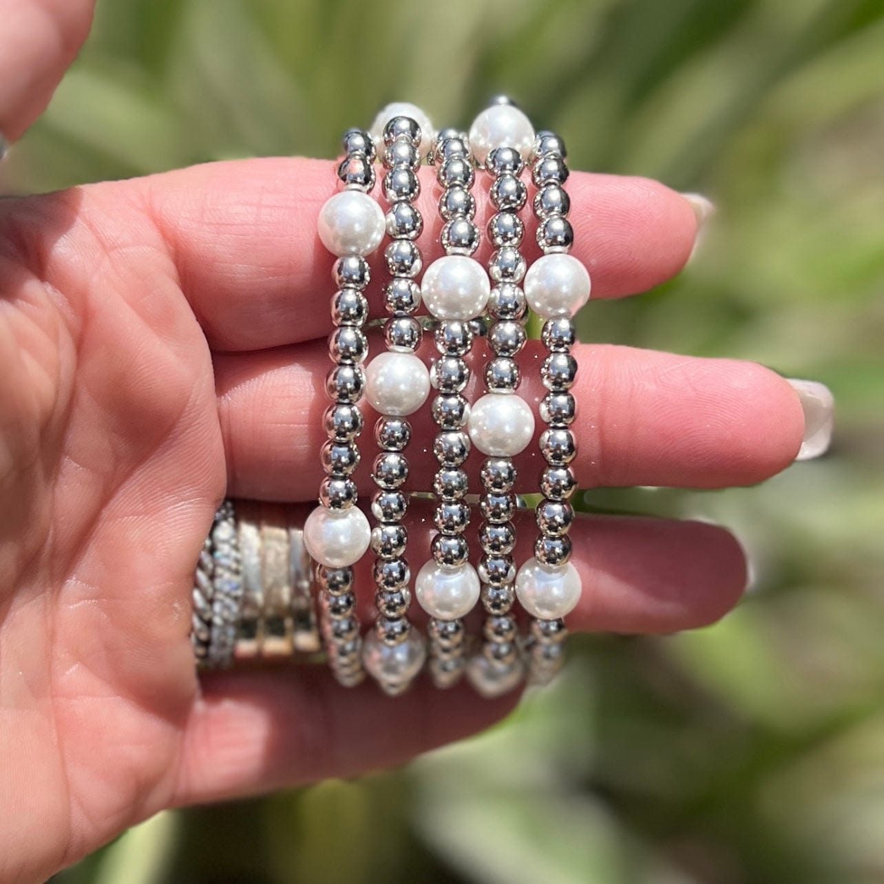 Silver with Pearls Stretch Bracelet Shabby Chic Boutique and Tanning Salon