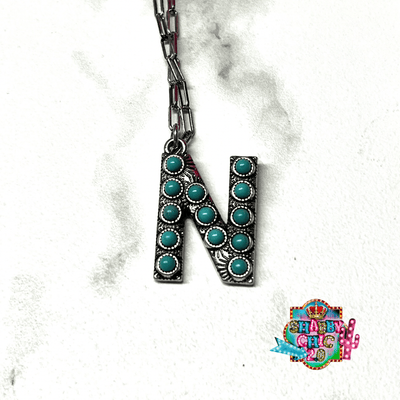 Silver with Turquoise Initial Necklace Shabby Chic Boutique and Tanning Salon N